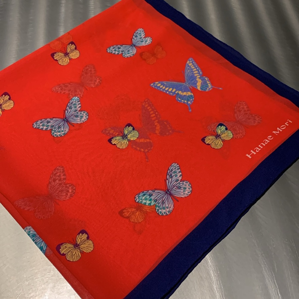 Hanae Mori Red Butterfly Silk Scarf
